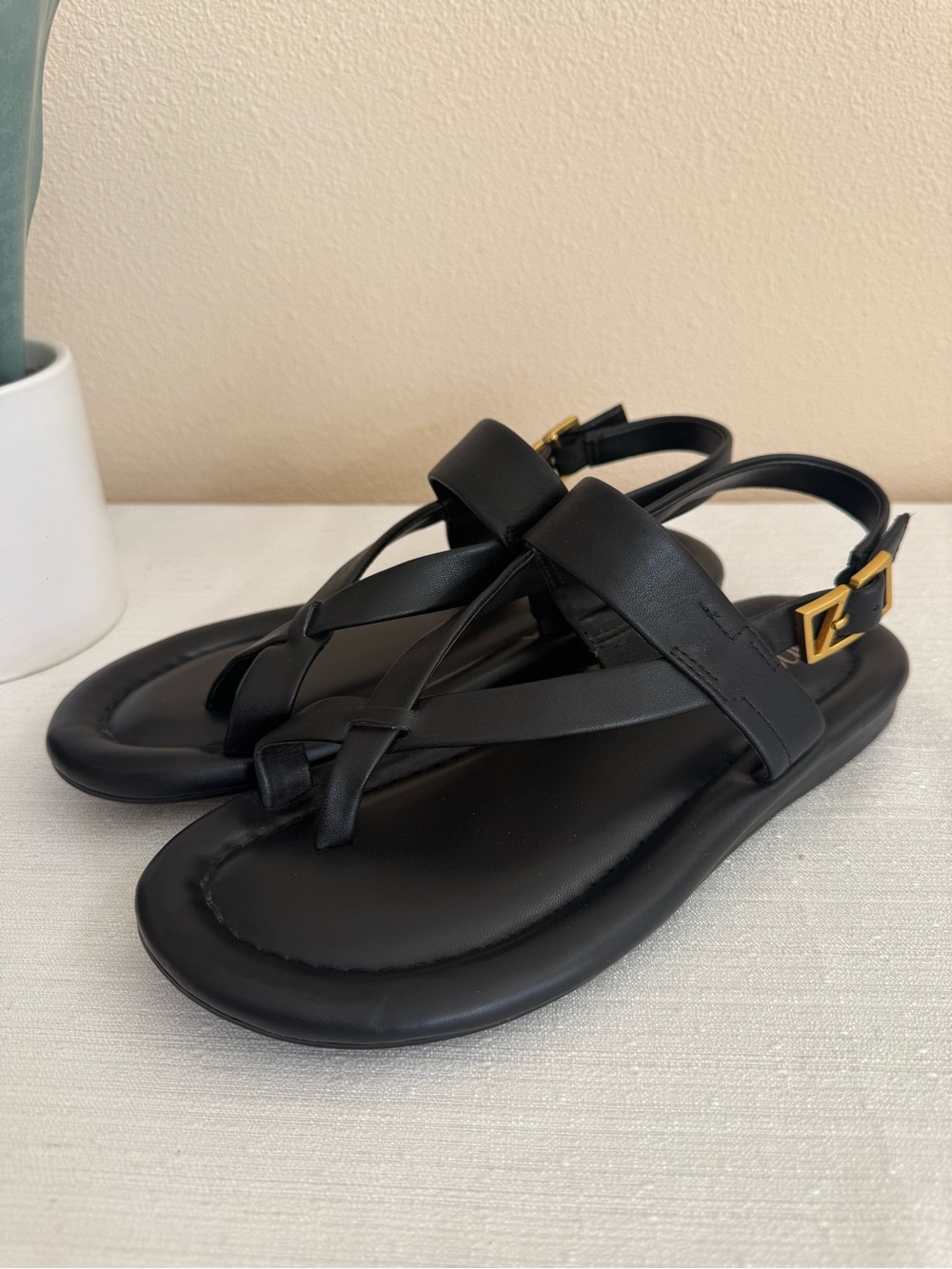 Franco Sarto Jasmina Black Women's Slingback Thong Sandals with Gold Buckle